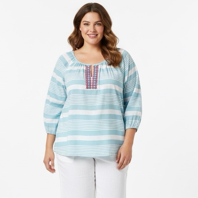 Talbots Shirt Women 1x Teal Blue Beachy Striped 3/4 Sleeve Resort Boho Beaded